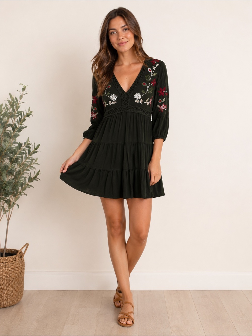 mi ami green V-Neck Tiered Mini Dress with Floral Embroidery